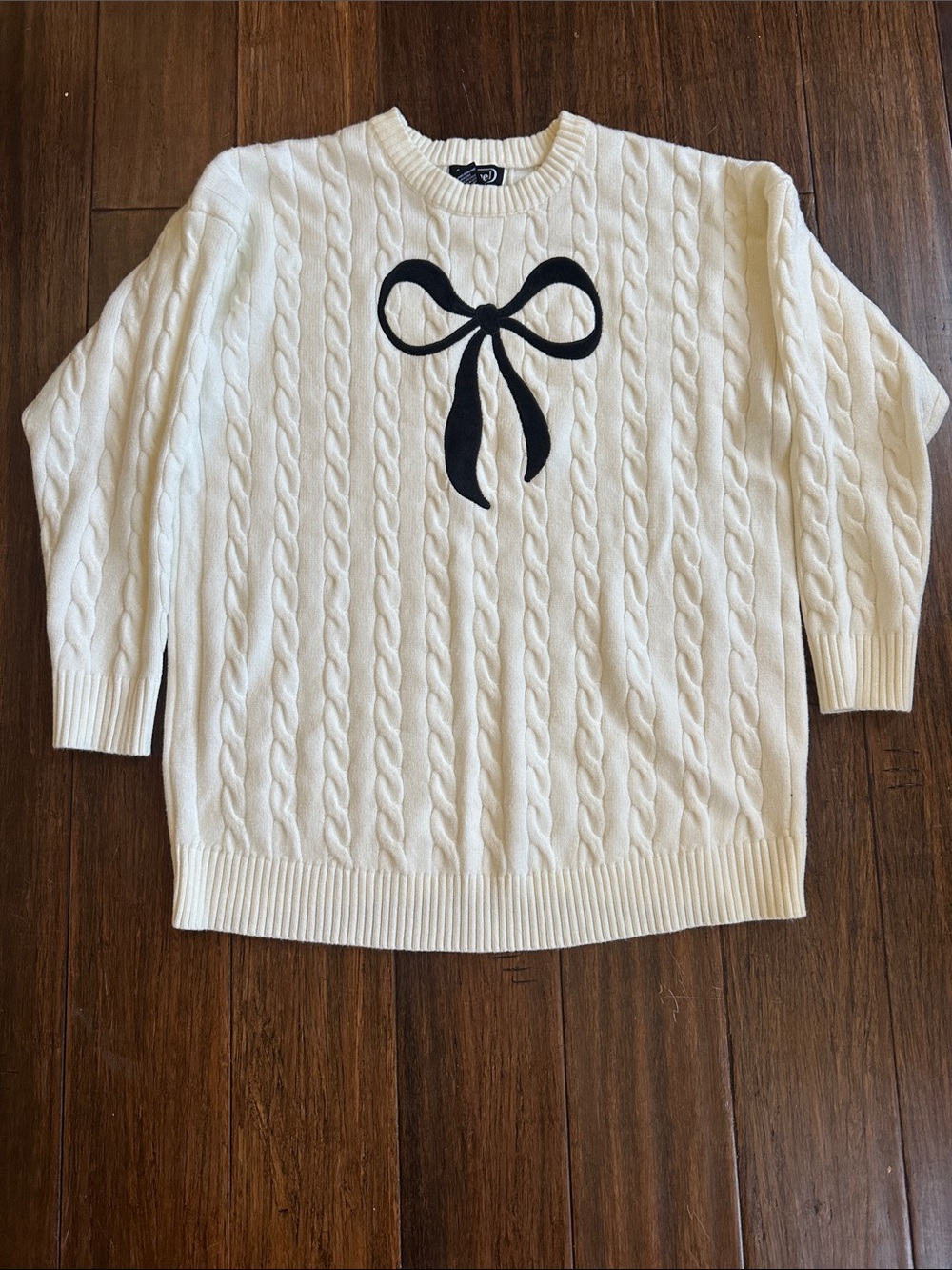 Cable Knit Sweater with Black Bow - Cream -